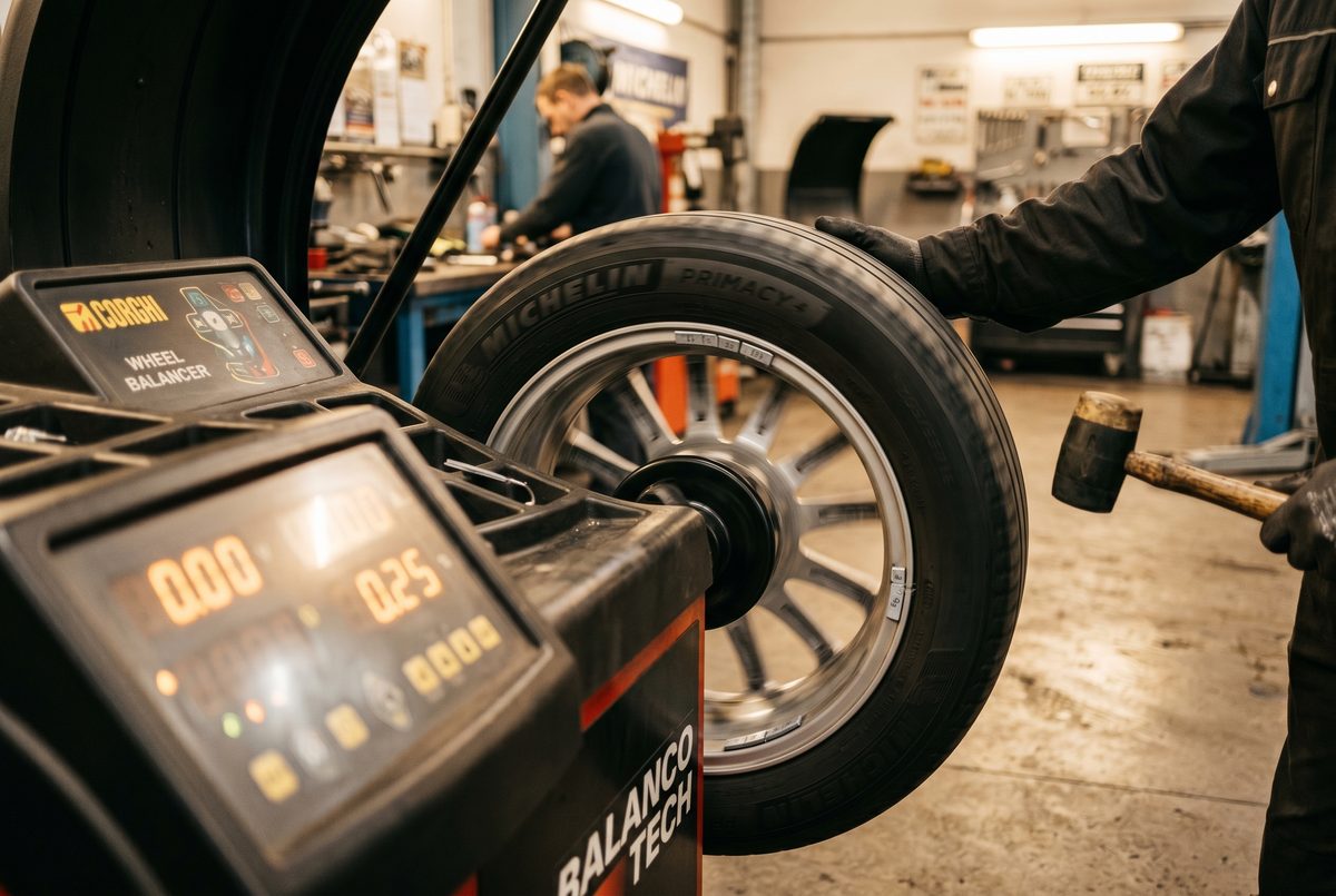 Wheel balancing machine in use at M&J Tires in Riverside