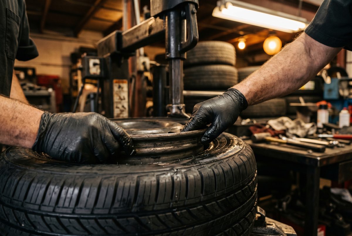 Mechanic mounting a new tire onto a wheel at M&J Tires in Riverside