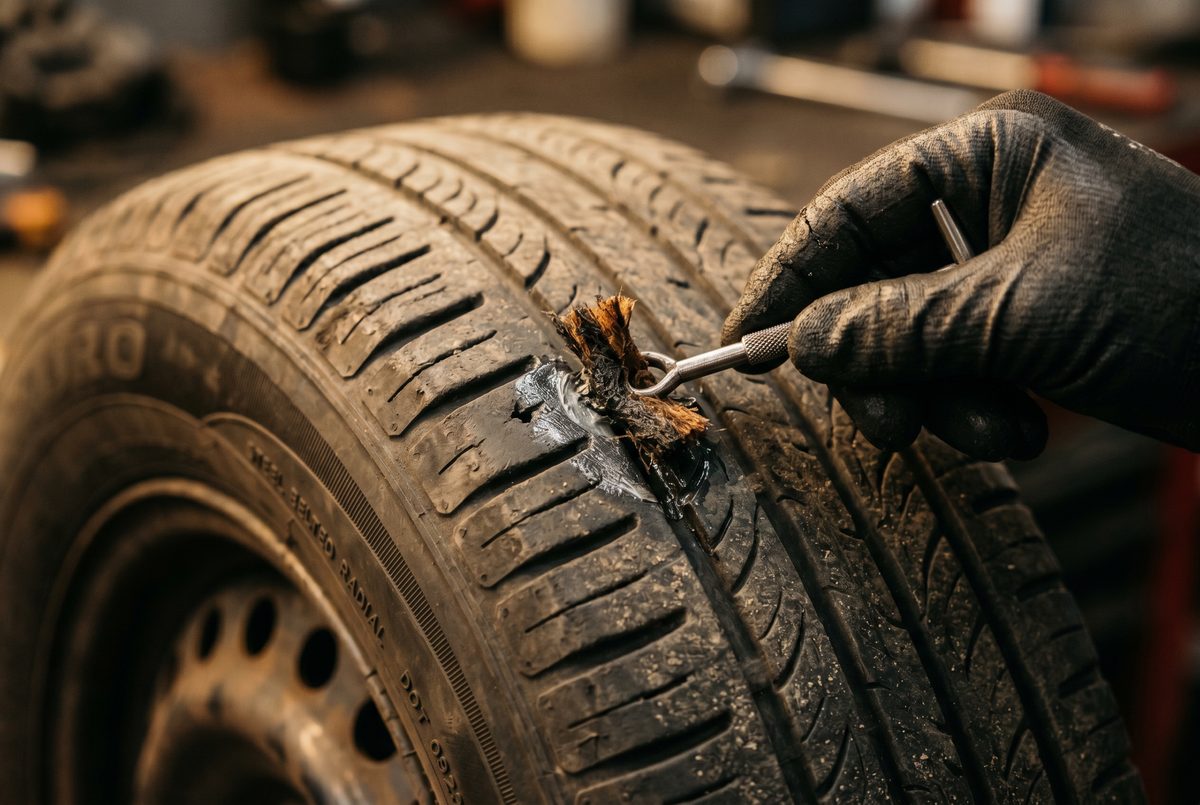Flat tire repair close-up at M&J Tires and Wheels