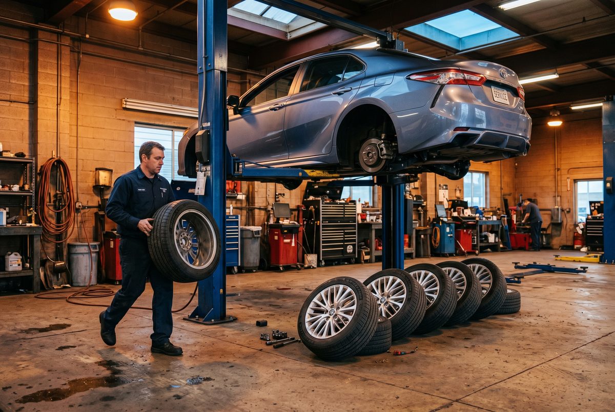 Tire rotation service on a vehicle lift at M&J Tires