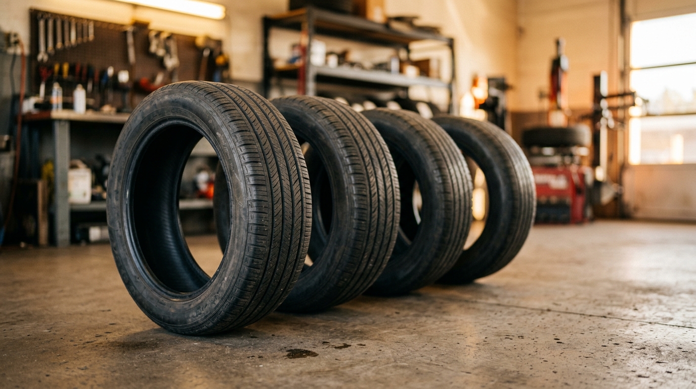 Quality-inspected used tires lined up at M&J Tires Riverside