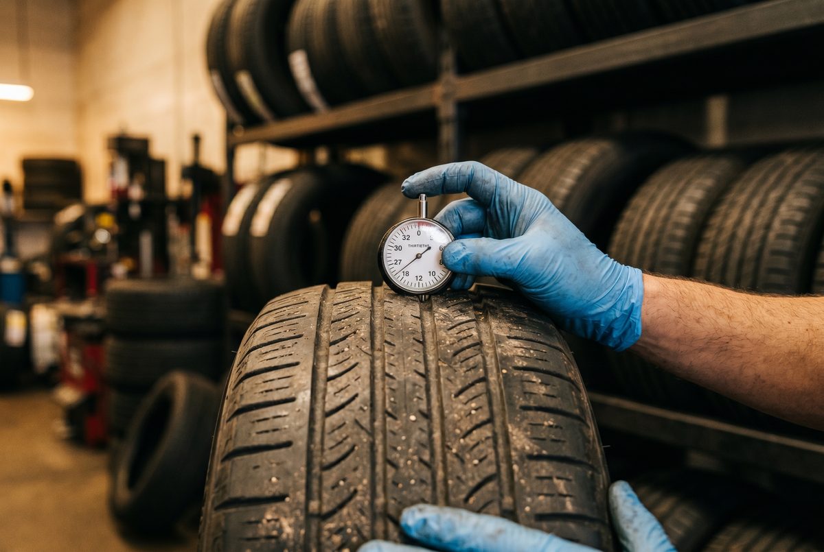 Inspecting tread depth on a quality used tire at M&J Tires